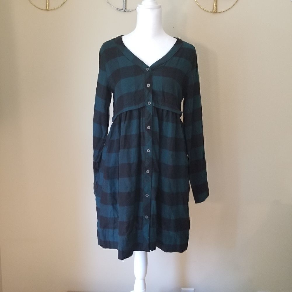 True Craft Green Black Plaid Button Down Dress XS